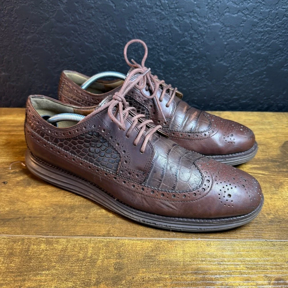 Cole‎ Haan Lunargrand C12651 Brown Leather Croc Wingtip Oxford Mens 10M